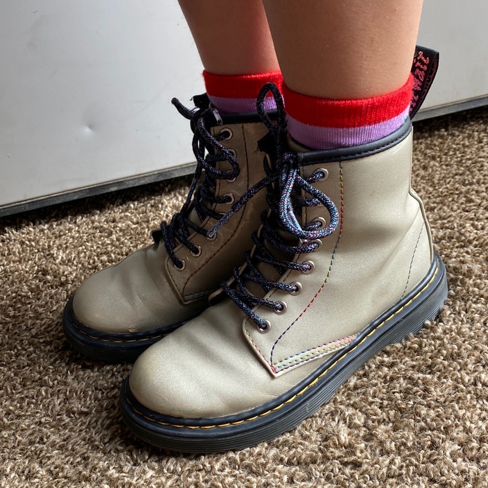 Dr. Marten’s Boots Girls size 1.Silver iridescent glitter with rainbow stitching